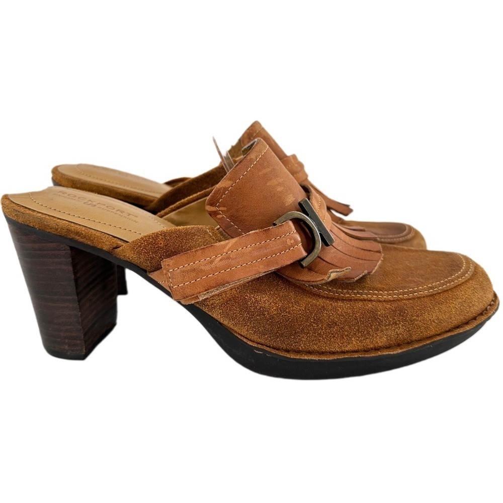 Rockport womens mules size size 8.5 tan suede fringe chunky platform clogs